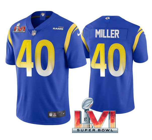 Men's Los Angeles Rams #40 Von Miller 2022 Royal Super Bowl LVI Vapor Limited Stitched Jersey Men's Los Angeles Rams #40 Von Miller 2022 Royal Super Bowl LVI Vapor Limited Stitched Jersey